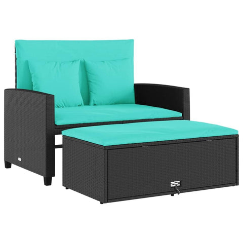 vidaXL Black Patio Sofa with Cushions - 2-Seater Storage Bench/Sofa Bed - Outdoor Garden Furniture with Footstool - Weather- PE Rattan - Includes Removable Blue Cushions for Comfort