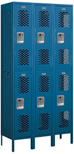 Salsbury Industries Assembled 2-Tier Vented Metal Locker with Three Wide Storage Units, 6-Feet High by 15-Inch Deep, Blue