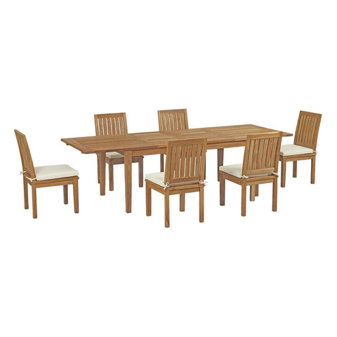 Modway EEI-3207-NAT-WHI-SET Marina Premium Grade A Teak Wood 7-Piece Outdoor Patio Dining Furniture Set, Six Side Chair/One Table, Natural White