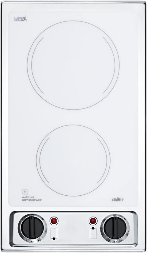 Summit CR2B120WH 12" Wide 115V 2-Burner Radiant Cooktop, Smooth White Ceramic Glass, 1400W, Safety Indicator Lights, ADA Compliant, Easy to Clean, Cord included, Hotel Suites, Extended Stay, Apartment