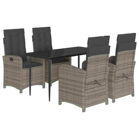 vidaXL 5 Piece Patio Dining Set - Poly Rattan with Cushions, Adjustable Gray Chairs, Tempered Glass Tabletop