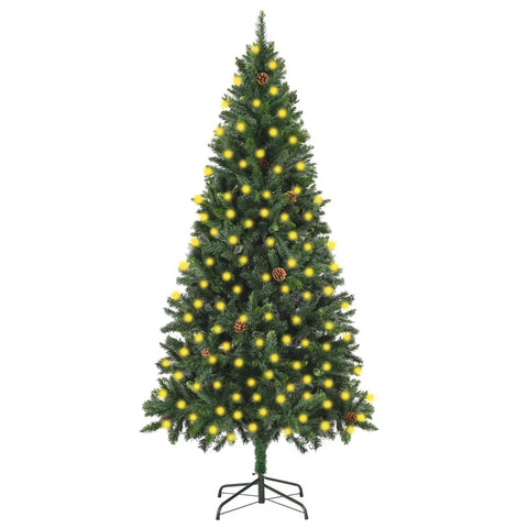 vidaXL Green Pre-Lit Artificial Christmas Tree w/Pine Cones - 82.7-Inch Height, 300 LEDs, Sturdy Iron Base, PVC Material
