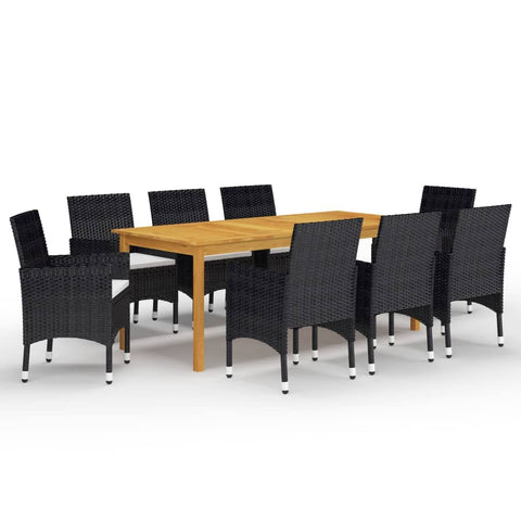 vidaXL 9 Piece Patio Dining Set - Acacia Wood Table and PE Rattan Chairs with Cushions - Outdoor Garden Furniture, Black