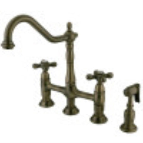 Kingston Brass KS1273AXBS Heritage 8-Inch Kitchen Bridge Faucet with Brass Sprayer, Antique Brass, 8-3/4-Inch