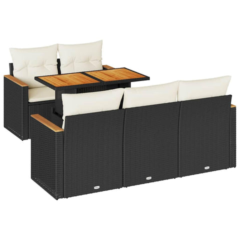 vidaXL 6-Piece Outdoor Sofa Set - Black/Cream Rattan Garden Furniture with Weatherproof Modular Design - Acacia Wood Patio Seating - Ideal for Balconies and Patios