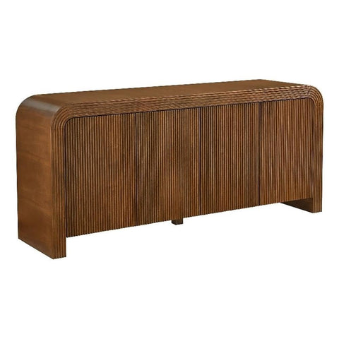 Modway Waterflute 70 Inch Fluted 4-Door Sideboard Cabinet in Walnut – Modern Storage Console with Adjustable Shelves – Waterfall Edge High TV Stand with Cable Management for Living Room