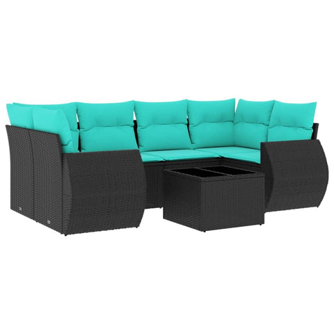 vidaXL Patio Sofa Set with Cushions 7 Piece, Sectional Sofa with Glass Table, Outdoor Conversation Set, Modern Style, Black Poly Rattan