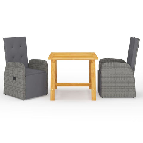 vidaXL Patio Dining Set 3 Piece, Outdoor Dining Table Set with Wood Tabletop, Rattan Chairs with Cushions, Conversation Set, Farmhouse Modern, Gray