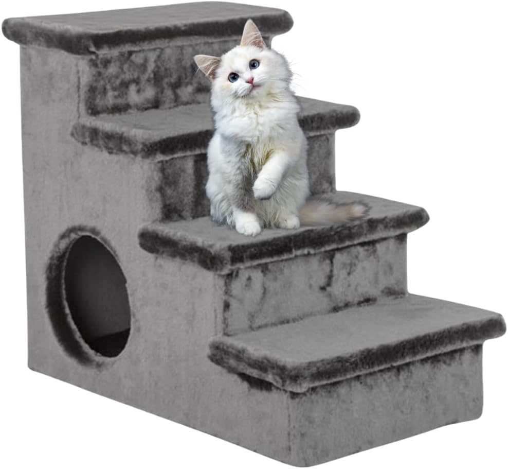 24 Inch X 22 Inch Stairs Hideout 4 Step Non Slip Pet Stairs for Cats Perfect High Beds & Couch & Window Sill Non-Slip Bottom (Grey)