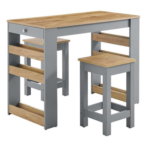 Modway Galley 3-Piece Small Kitchen Island Set with Seating and Storage in Oak Gray - Rustic Island with Cutlery Drawer and 2 Stools, Perfect Prep Table or Freestanding Kitchen Cart