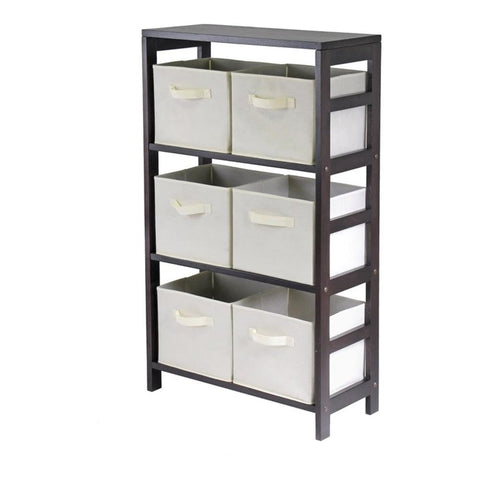 Winsome Wood Capri Wood 3 Section Storage Shelf with 6 Beige Fabric Foldable Baskets