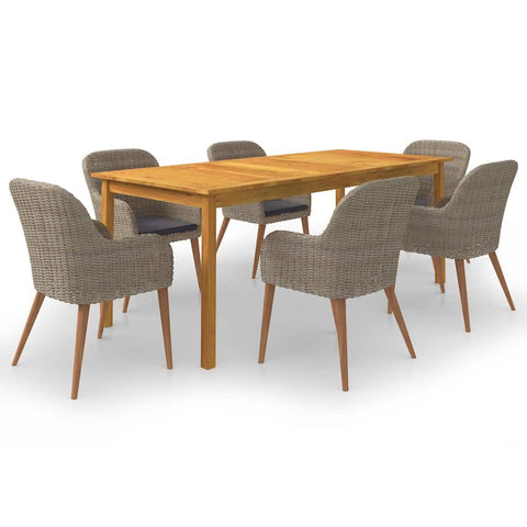 vidaXL 7 Piece Garden Dining Set Brown Acacia Wood Table and 6 Chairs with Weather Resistant Cushions Outdoor Furniture for Patio Balcony Use Rectangular Solid Contemporary