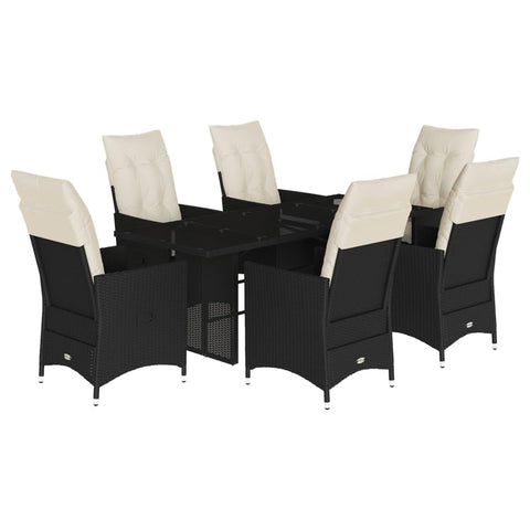 vidaXL 7 Piece Garden Dining Set with Cushions Black Poly Rattan 6 Seater Outdoor Table and Chairs Weather Resistant Adjustable Reclining Modern Design Patio Furniture Rectangular