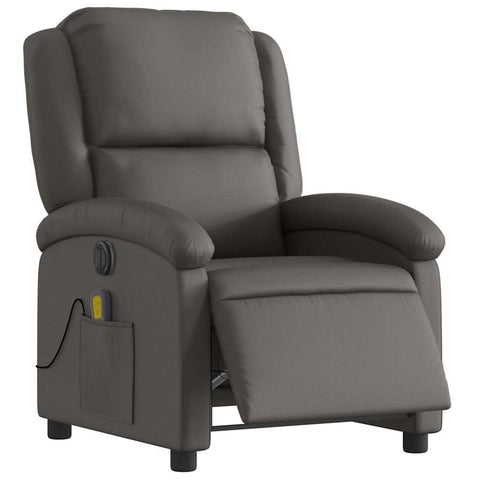 vidaXL Electric Recliner Chair for Elderly - Gray Real Leather, Motorized Reclining Armchair with Side Pocket, Solid Wood/Metal Frame