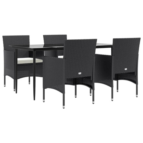 vidaXL 5 Piece Outdoor Patio Dining Set in Black - Weather- Rattan Furniture with Tempered Glass Table and Cushioned Chairs for Garden, Deck
