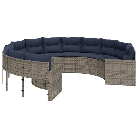 vidaXL Patio Sofa with Cushions Round PE Rattan - Outdoor Circle Couch, Gray, Navy Blue Cushions, Removable Covers, 113" Diameter, UV-Resistant, Assembly Required