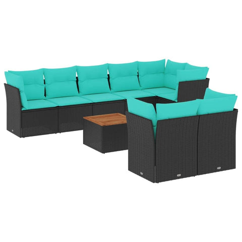 vidaXL Patio Sofa Set with Cushions 9 Piece, Outdoor Conversation Set, Patio Furniture Set for Balcony Garden, Modern Style, Black Poly Rattan