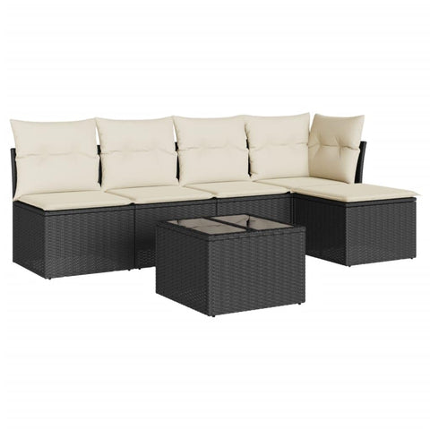 vidaXL Patio Sofa Set with Cushions 6 Piece, Sectional Sofa with Glass Table, Outdoor Conversation Set, Modern Style, Black Poly Rattan