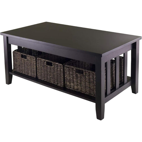 Oakestry Morris Coffee Table Espresso Finish Solid Composite Wood Construction Rich Espresso Finish Stylish Freestanding Table with Three Foldable Corn Husk Baskets for Holding Decorative Items