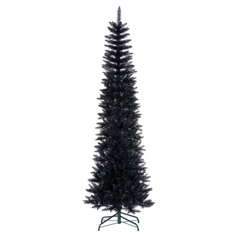 Vickerman 7.5' x 32" Black Pencil Artificial Unlit Christmas Tree. It Measures 90 inches Tall, and 28 inches Wide, which is considered a Pencil Profile.