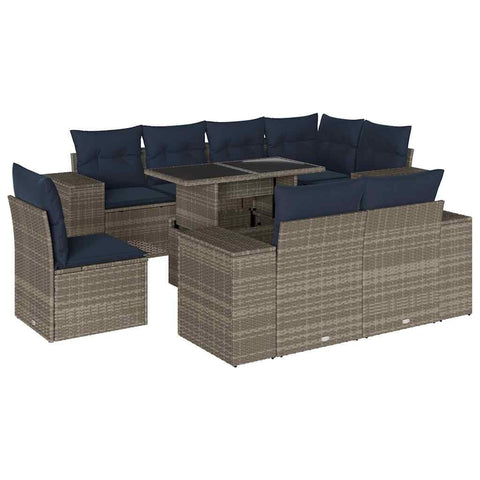vidaXL Patio Sofa Set with Cushions 9 Piece, Conversation Set with Table and Sectional Sofas, Outdoor Seat for Garden, Modern, Gray Poly Rattan