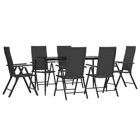 vidaXL Patio Dining Set - 7 Piece Black Poly Rattan, Weather-, Adjustable Reclining Chairs with Foldable Design, Powder-Coated Steel Frame, Tempered Glass Table, Outdoor/Garden/Deck Use