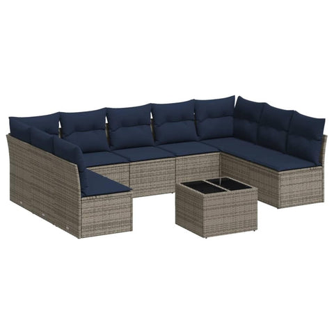vidaXL Patio Sofa Set with Cushions 10 Piece, Sectional Sofa with Glass Table, Outdoor Conversation Set, Modern Style, Gray Poly Rattan