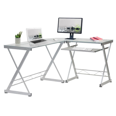 Techni Mobili L-Shaped Tempered Glass Top Computer Desk With Pull Out Keyboard Panel. Color: Clear