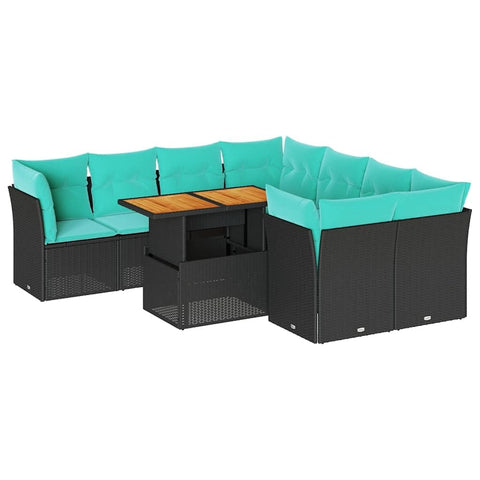 vidaXL 9 Piece Patio Sofa Set with Cushions Black Poly Rattan, Garden Sofa Set, Garden Lounge Set, Sofa for Garden, Outdoor Sofa Set