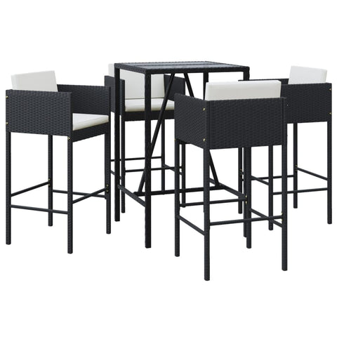 vidaXL Patio Bar Set with Cushions 5 Piece, Bistro Set with Glass Top, Bar Table and Stool for Kitchen Outdoor Garden, Black Poly Rattan