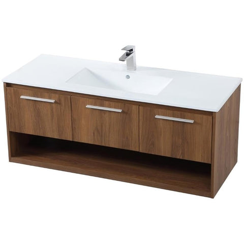 Elegant Decor Kasper 48" Single Porcelain Top Floating Bathroom Vanity in Walnut