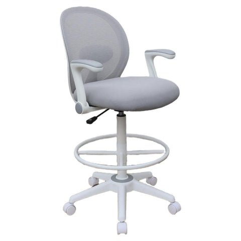 Oakestry Mesh Flip Arm Drafting Chair Grey White Adjustable Height Ergonomic High Stool with Breathable Back Lumbar Support Swivel Base Foot Ring Tilt Tension Rolling Seat for Standing Desk Studio