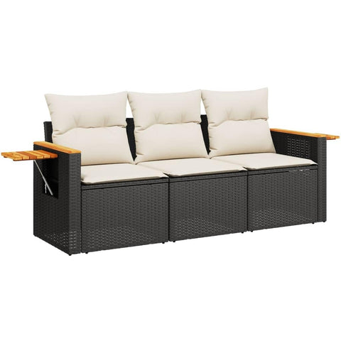 vidaXL Patio Sofa Set with Cushions 3 Piece, Outdoor Conversation Set, Sectional Sofa for Balcony Garden, Modern Style, Black Poly Rattan