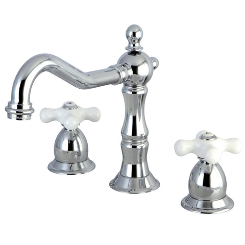 Kingston Brass KS1971PX Heritage Widespread Lavatory Faucet with Porcelain Cross Handle, Polished Chrome