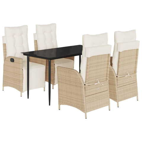 vidaXL 5 Piece Patio Dining Set - Adjustable Reclining Chairs with Cushions, Poly Rattan Beige/Black, Tempered Glass Tabletop, Weather-Resistant Outdoor Furniture for Garden, Patio, Backyard