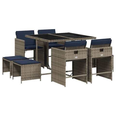 vidaXL Patio Dining Set with Cushions - 9 Piece Gray PE Rattan Garden Furniture/Foldable Chairs, Washable Covers - Tempered Glass Table