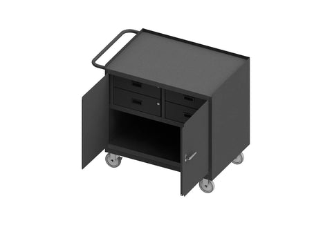 Mobile Bench Cabinet With 5 Inch X 1-1/4 Inch Polyurethane Casters (2) Rigid And (2) Swivel 1 Shelf 4 Drawers And 2 Doors Steel Top Work Surface With Tubular Push Handle Gray