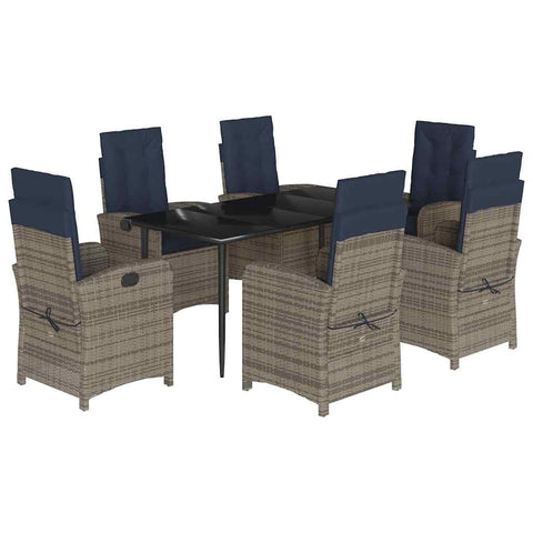 vidaXL 5-Piece Patio Dining Set - Gray Poly Rattan, Reclining Chairs, Tempered Glass Tabletop, Navy Cushions