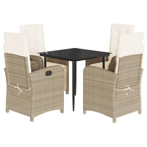 vidaXL 5 Piece Patio Dining Set with Cushions - Beige Poly Rattan Reclining Garden Chairs, Tempered Glass Table & Adjustable Backrest for Indoor/Outdoor Use