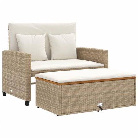 vidaXL Patio Sofa with Cushions - 2-Seater Beige Poly Rattan & Acacia Wood - Convertible Bench/Sofa Bed - Outdoor Garden Deck Furniture with Footstool & Storage