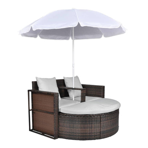vidaXL Patio Bed with Removable Parasol Lounge Set - Brown Poly Rattan with Cream White Upholstery, Detachable Foot Stool, Stain and Weather- PE Material, Washable Cushion Cover