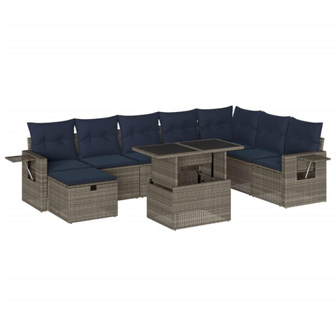 vidaXL Patio Sofa Set with Cushions 9 Piece, Lounge Set with Table and Footstool, Sectional Sofa for Garden Backyard, Modern, Gray Poly Rattan
