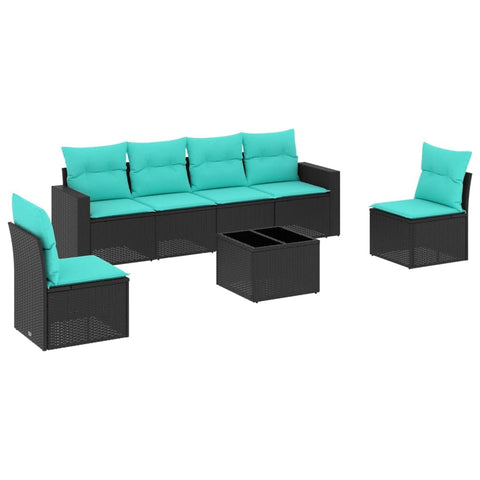 vidaXL Patio Sofa Set with Cushions 7 Piece, Sectional Sofa with Glass Table, Outdoor Conversation Set, Patio Furniture, Black Poly Rattan
