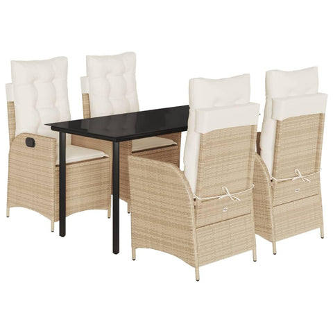 vidaXL 5 Piece Patio Dining Set with Cushions - Beige Poly Rattan Outdoor Recliner Chairs & Tempered Glass Table for Garden, Backyard, Patio - Adjustable Backrest, Removable Covers