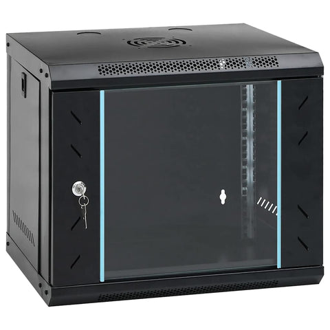 vidaXL 9U Wall-Mounted Network Cabinet - 19" Cold-Rolled Steel, Lockable Glass Door, Black, 20.9"x15.7"x17.7", IP20 for Network Accessories