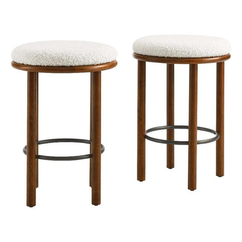 Modway Fable 26 Inch Backless Counter Stools Set of 2 in Walnut Ivory - Kitchen Stools Counter Height - 2Pcs Upholstered Padded Boucle Seat for Kitchen Counter or Island with Wood Legs and Footrest