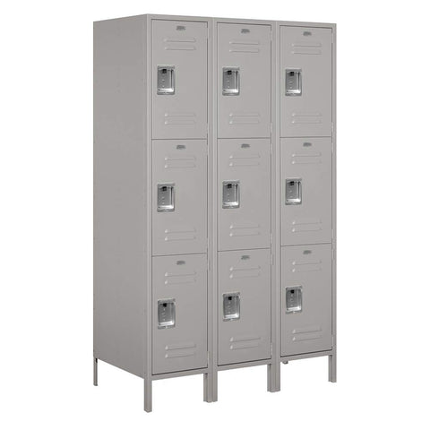 18 Inch Wide Triple Tier Standard Metal Locker - 3 Wide - 6 Feet High - 21 Inches Deep - Gray - Assembled