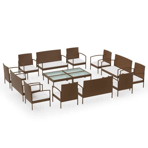 vidaXL Patio Lounge Set 16 Piece, Patio Furniture Set for Outdoor Garden Backyard, Sectional Sofa with Cushions, Loveseat, Poly Rattan Brown