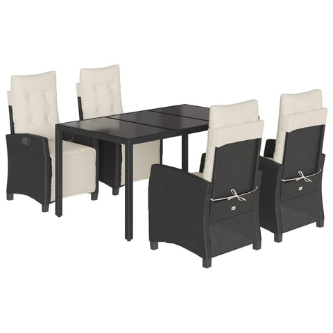 vidaXL - 5 Piece Patio Dining Set with Adjustable Cushions, Black Poly Rattan with Tempered Glass Tabletop for Garden, Backyard or Deck