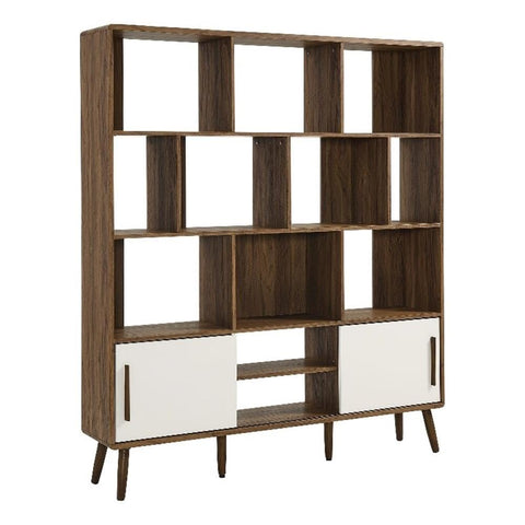 Modway Transmit 14 Shelf Bookcase with Sliding Doors in Walnut Linen - 59 Inch Wood Mid-Century Modern Bookshelf - 4 Tier Wide Open Display Storage Cabinet for Living Room, Office, Hallway